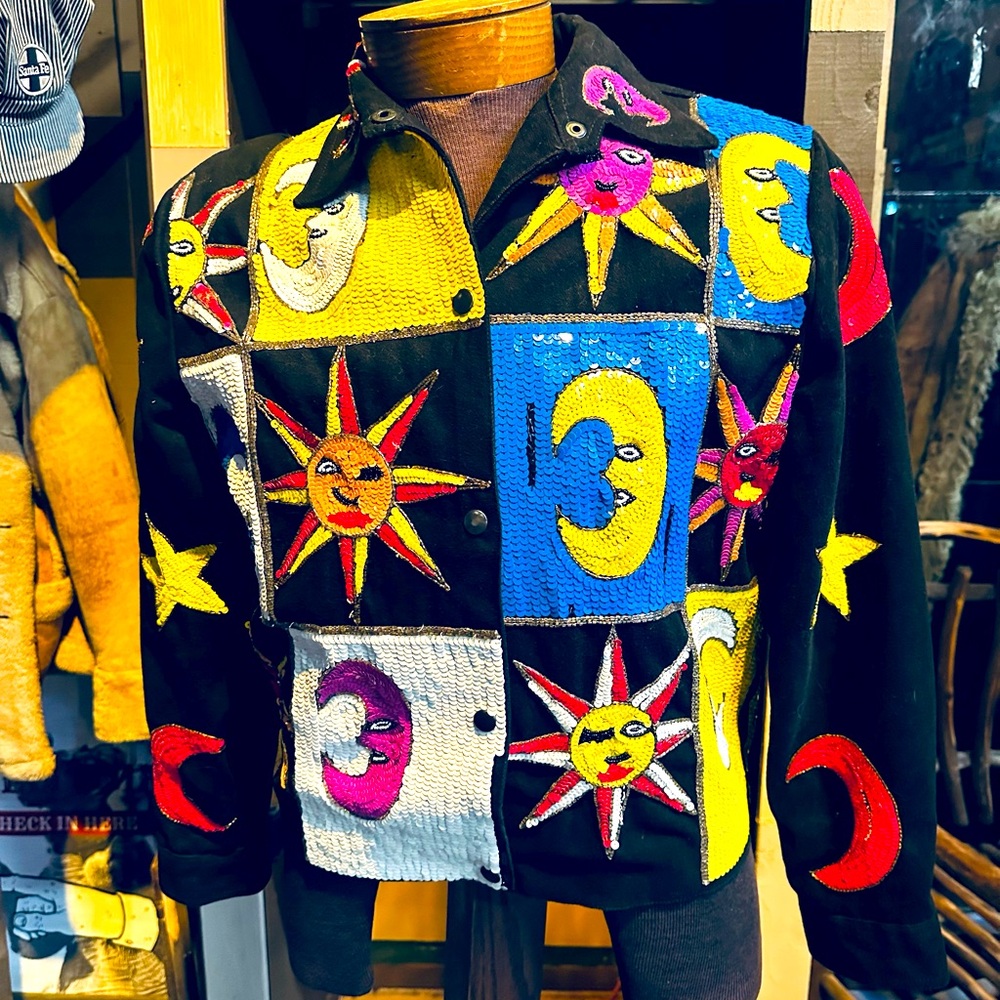 Modi Denim Vintage 1980s Colorful Sequin Sun and Moon Patchwork Jacket